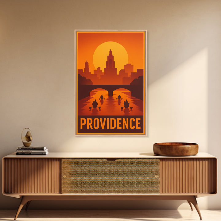 Providence Travel Poster, Framed Canvas Print, Warm Sunset Silhouette Art, Providence City Art, City Art Print, Mid Century Wall Art
