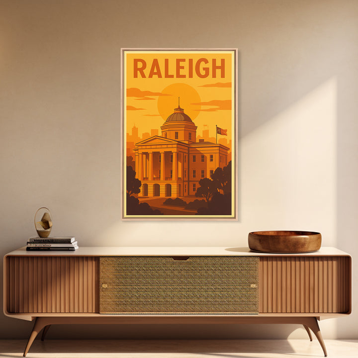 Raleigh North Carolina Travel Poster, Canvas Print, Warm Sunset Silhouette Art, Raleigh City Art, Gift For Travelers, Vintage Travel Art