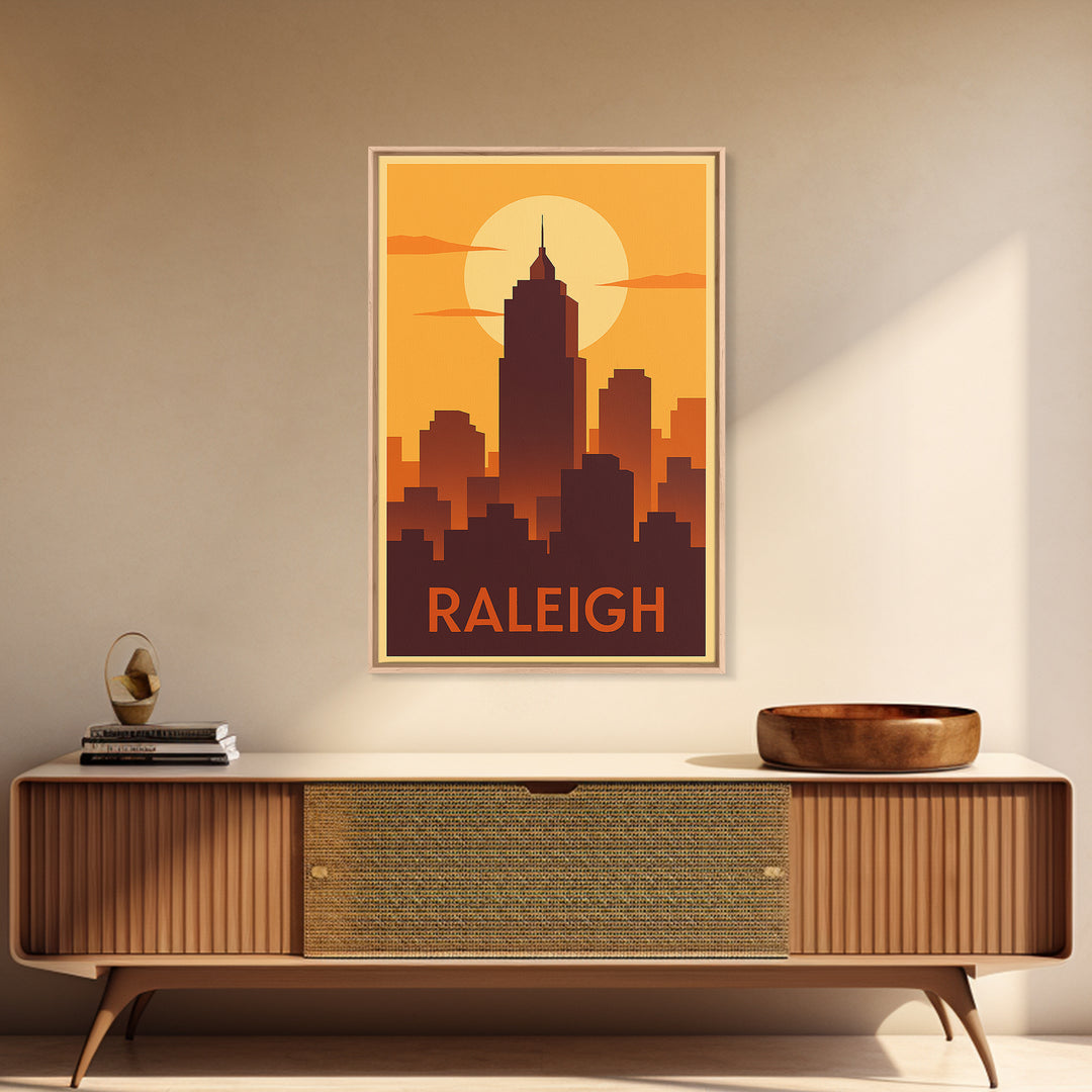 Raleigh Travel Poster, Framed Canvas Print, Golden Travel Poster Art, Raleigh Travel Art, Living Room Wall Art, City Travel Prints