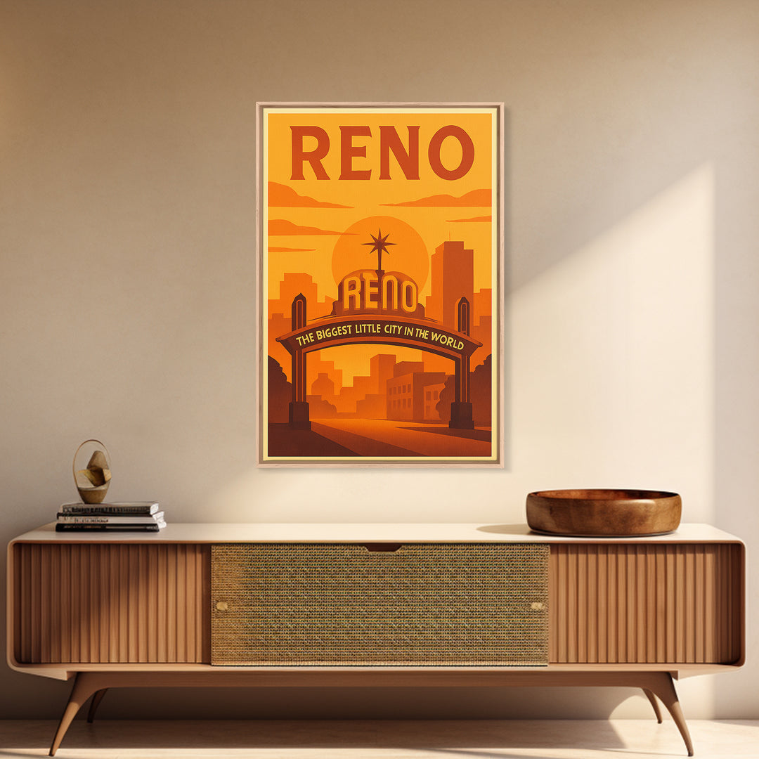 Reno Nevada Travel Poster, Canvas Print, Warm Sunset Silhouette Art, Reno Wall Art, City Art Print, Mid Century Wall Art, City Illustration