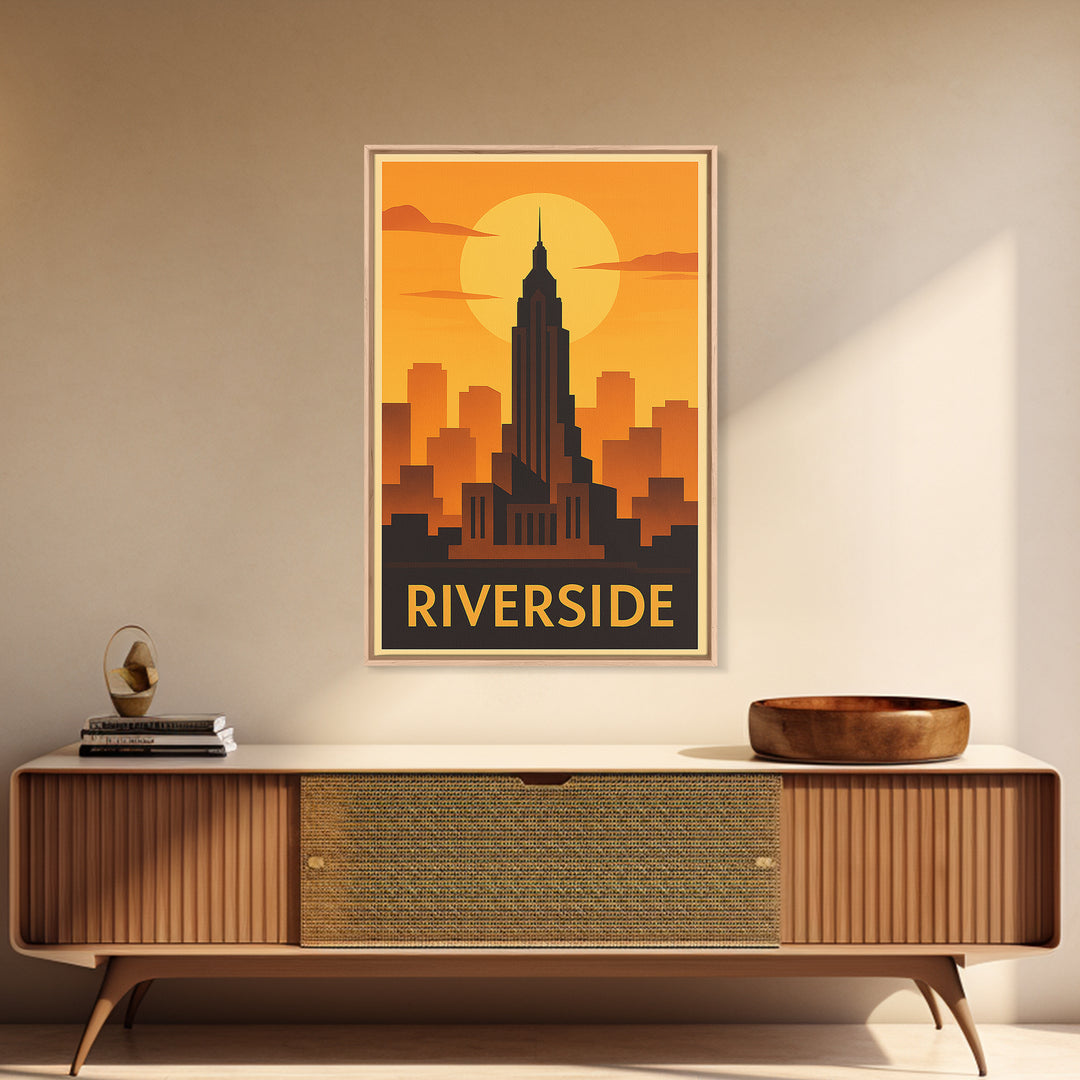 Riverside Travel Poster, Canvas Print, Warm Sunset Silhouette Art, Riverside Art Print, Modern Wall Decor, Travel Art Print, Home Decor