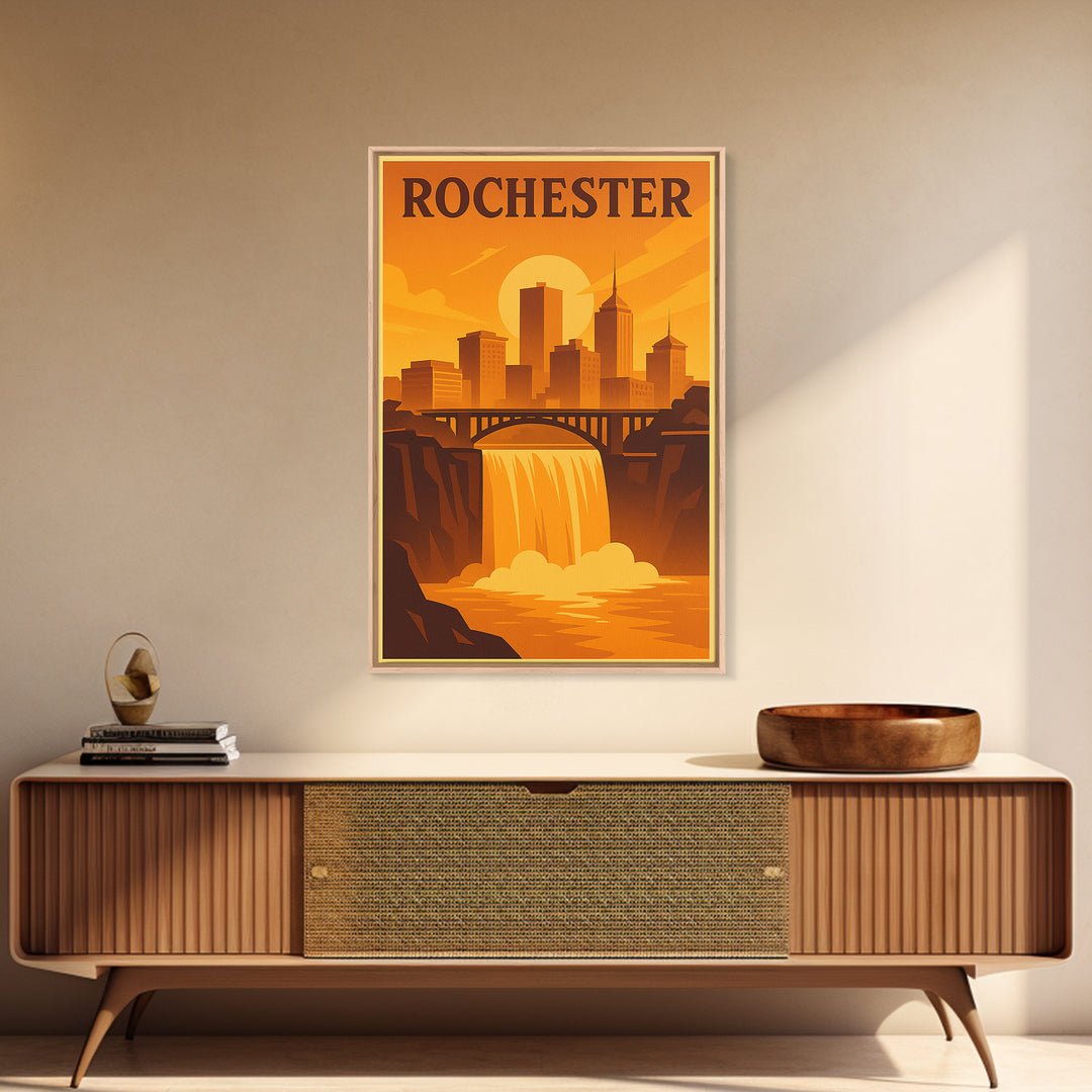 Rochester New York Travel Poster, Canvas Print, Warm Sunset Silhouette Art, Rochester Wall Art, Poster Art, City Illustration, Retro Poster