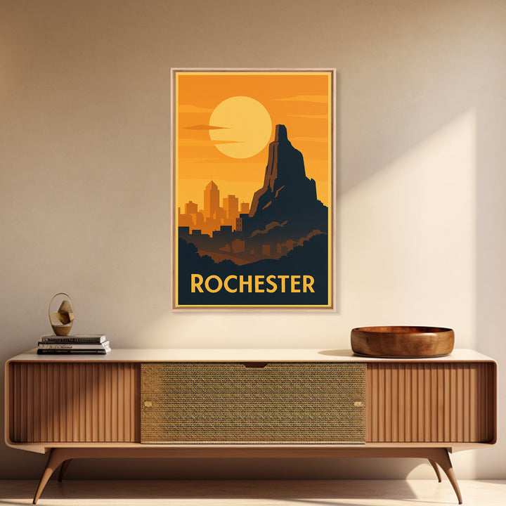 Rochester Travel Poster, Framed Canvas Print, Warm Sunset Silhouette Art, Rochester Travel Art, Living Room Wall Art, Vintage City Poster