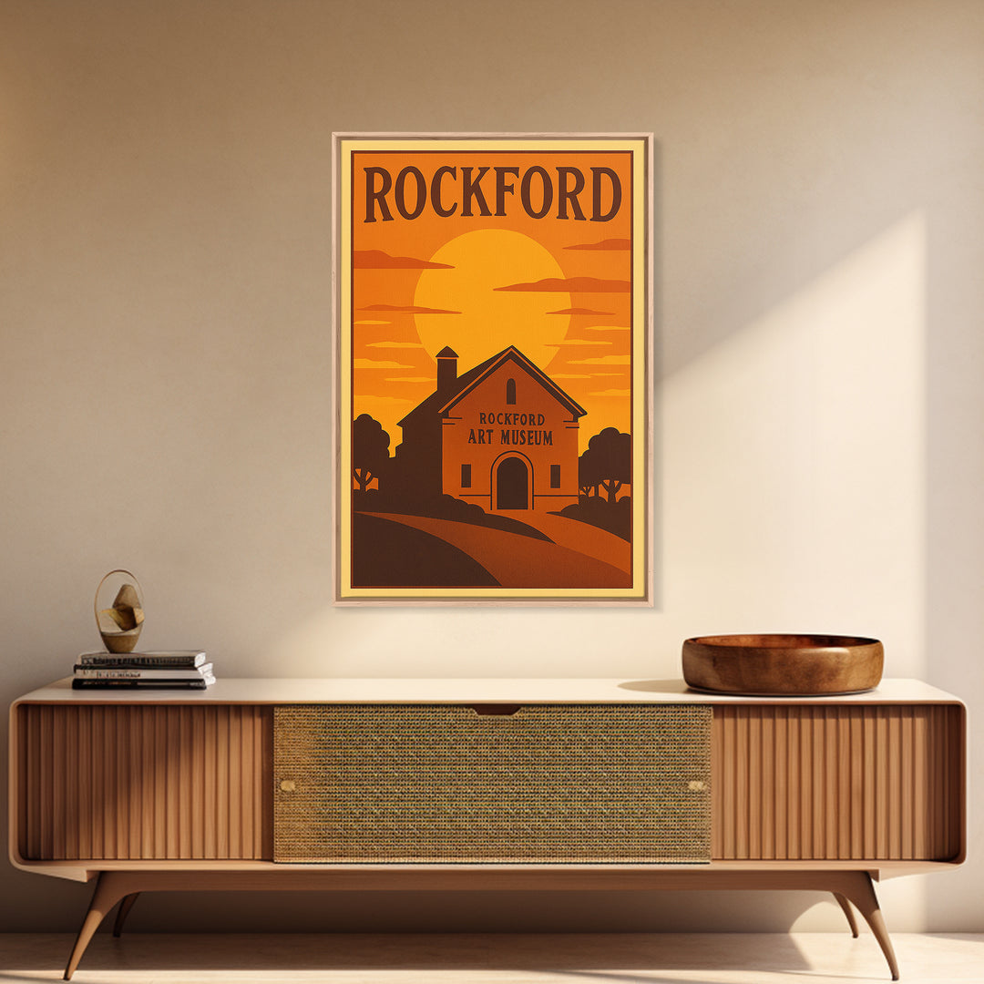 Rockford Illinois Travel Poster, Framed Canvas Print, Gold Art Deco Poster Art, Rockford City Art, City Illustration, Vintage City Poster