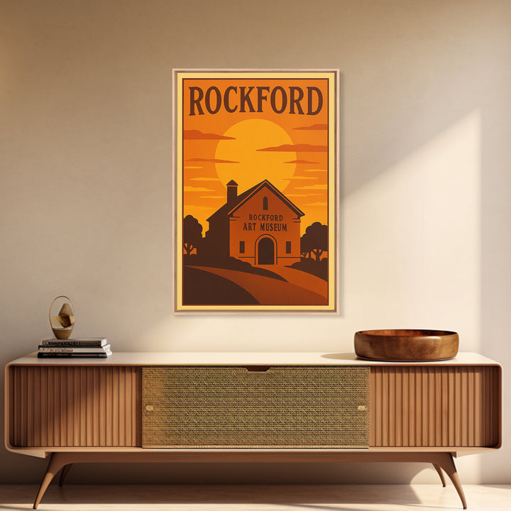 Rockford Illinois Travel Poster, Framed Canvas Print, Gold Art Deco Poster Art, Rockford City Art, City Illustration, Vintage City Poster