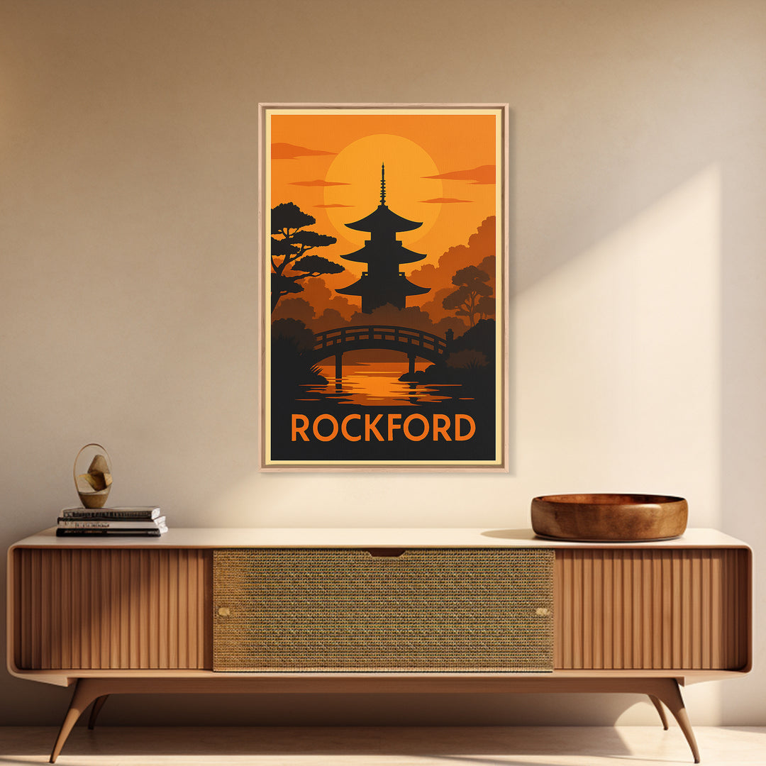 Rockford Travel Poster, Framed Canvas Print, Golden Travel Poster Art, Rockford City Art, Mid Century Wall Art, Travel Poster Set