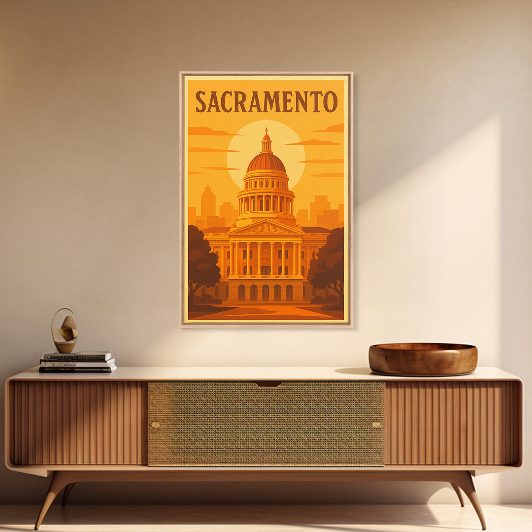 Sacramento California Travel Poster, Canvas Print, Golden Travel Poster Art, Sacramento Travel Art, Wall Art, Watercolor Downtown Skyline