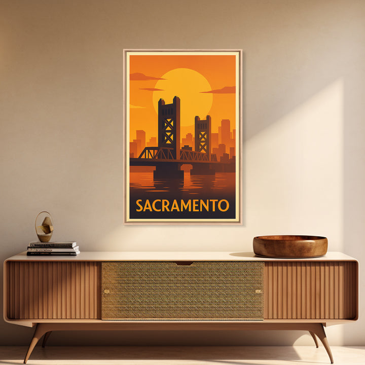 Sacramento Travel Poster, Framed Canvas Print, Warm Sunset Silhouette Art, Sacramento Art Print, City Travel Prints, Fine Art Print