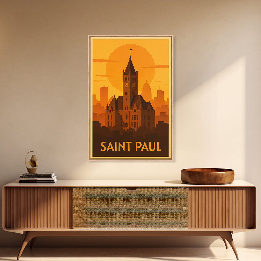 Saint Paul Travel Poster, Framed Canvas Print, Warm Sunset Silhouette Art, Saint Paul City Art, Travel Poster Set, Travel Poster Art