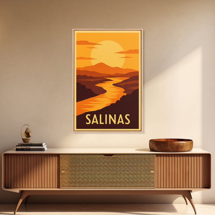 Salinas Travel Poster, Framed Canvas Print, Golden Travel Poster Art, Salinas Poster Print, City Illustration, Vintage City Art