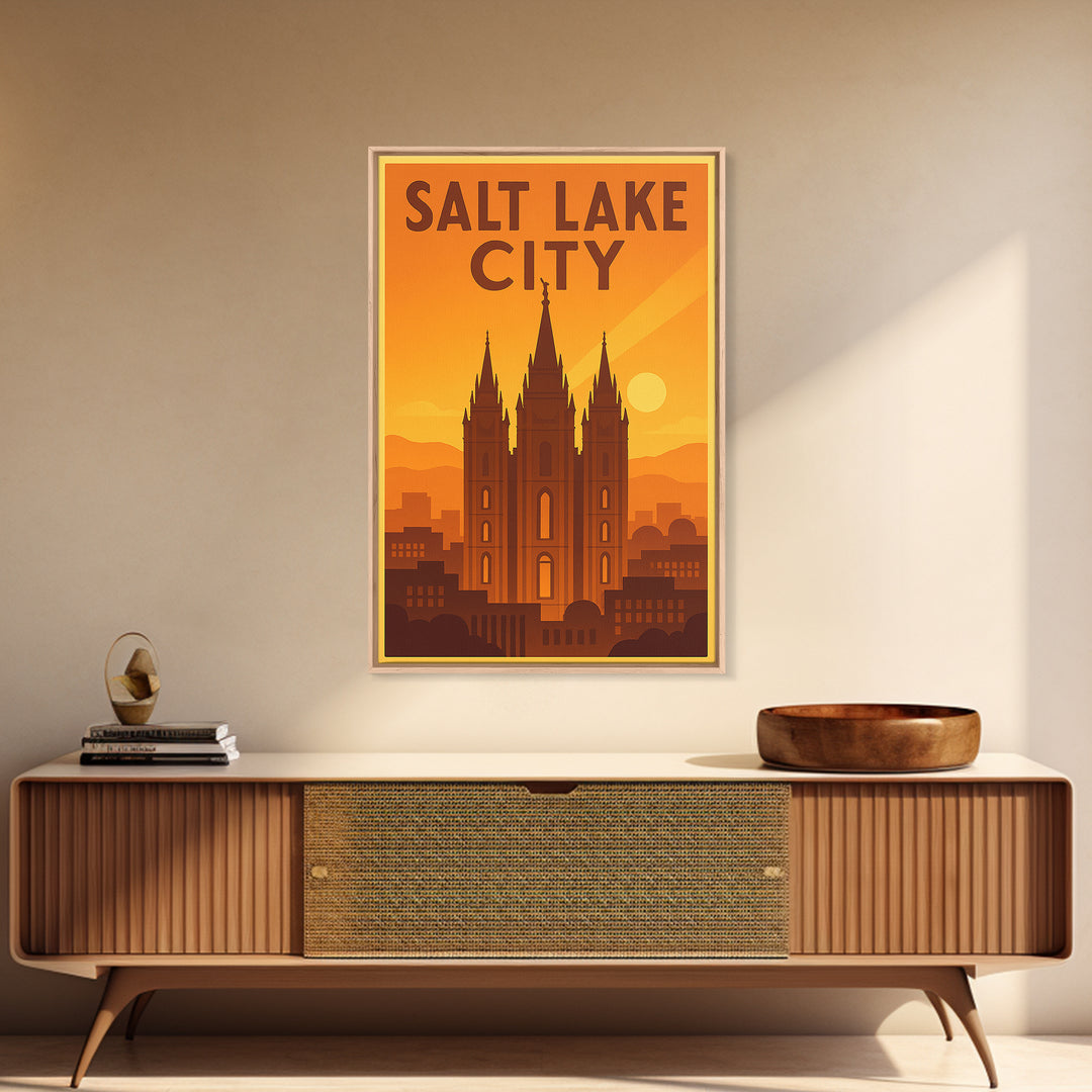 Salt Lake City Utah Travel Poster, Canvas Print, Gold Art Deco Poster Art, Salt Lake City City Art, Wall Decor, Mid Century Wall Art