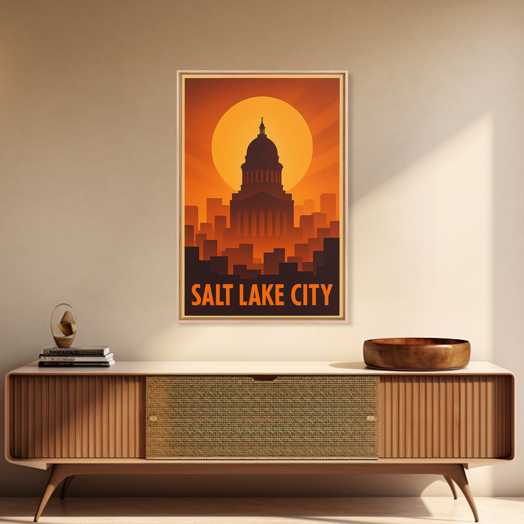 Salt Lake City Travel Poster, Framed Canvas Print, Warm Sunset Silhouette Art, Salt Lake City Travel Art, Home Office Decor, City Poster