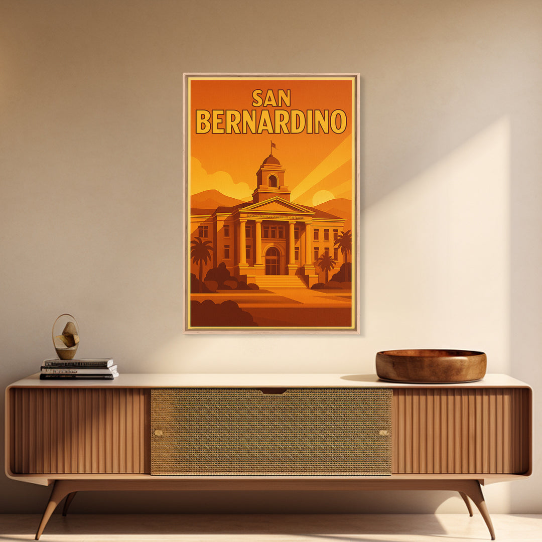 San Bernardino California Travel Poster, Canvas Print, Warm Sunset Silhouette Art, San Bernardino Wall Art, Vintage City Art