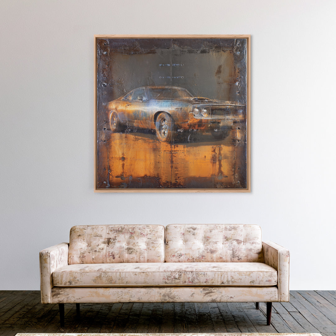 Desert Highway with Muscle Car Silhouette Framed Canvas Print, Garage Art, Garage Decor, Oil Painting, Motor, Art Print, GAR-1x1-21