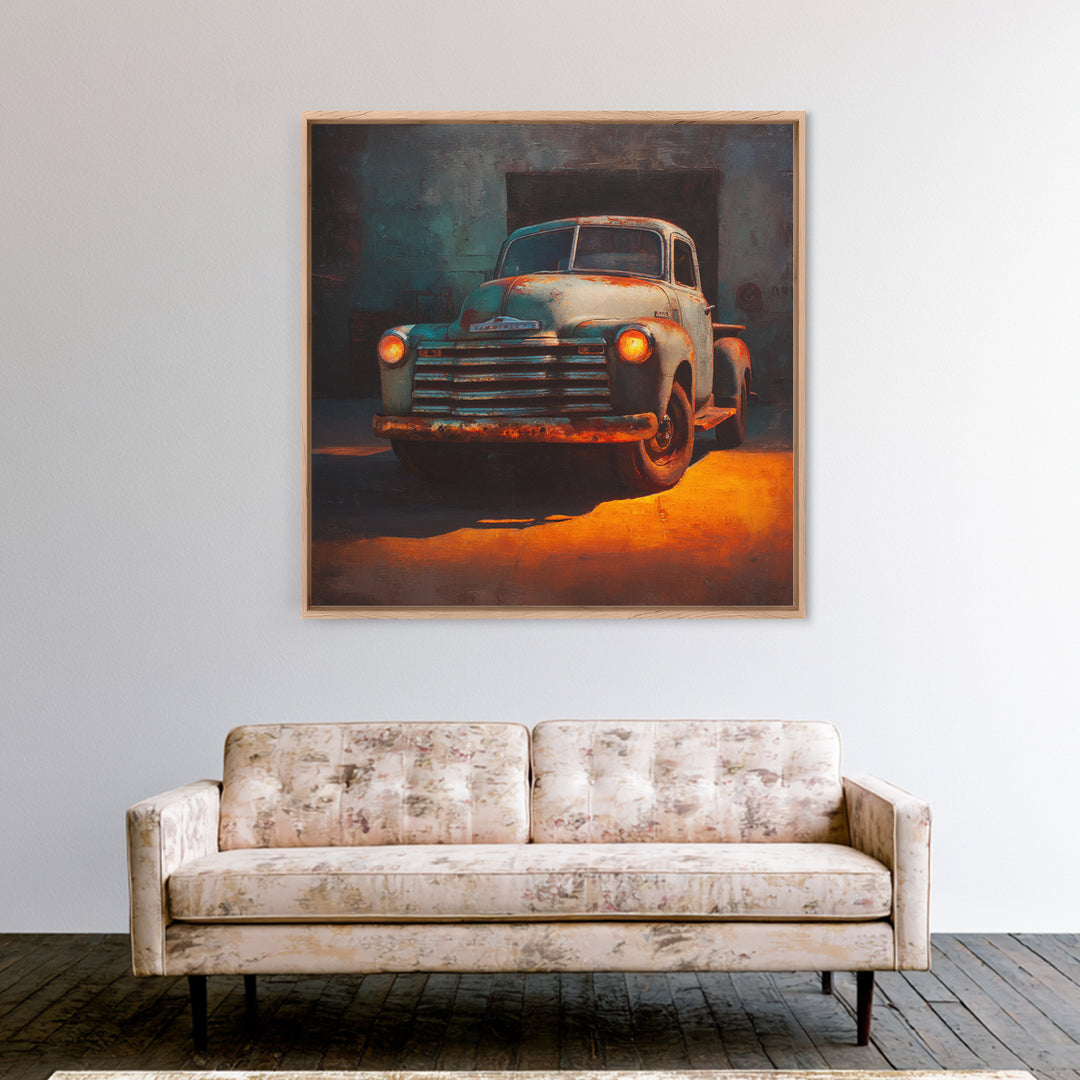 Pickup Truck in Dusty Sunset Light Framed Canvas Print, Garage Art, Tattoo Art, Garage Decor, Oil Painting, Motor, GAR-1x1-37
