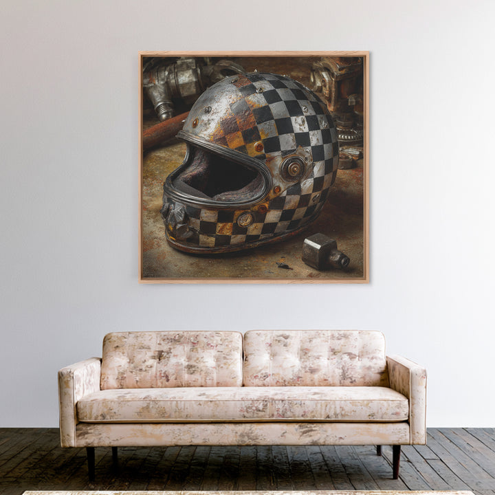 Racing Helmet with Checkered Flag Pattern Framed Canvas Print, Garage Art, Garage Art Pinup, Garage Decor, Fine Art, Motor, GAR-1x1-68