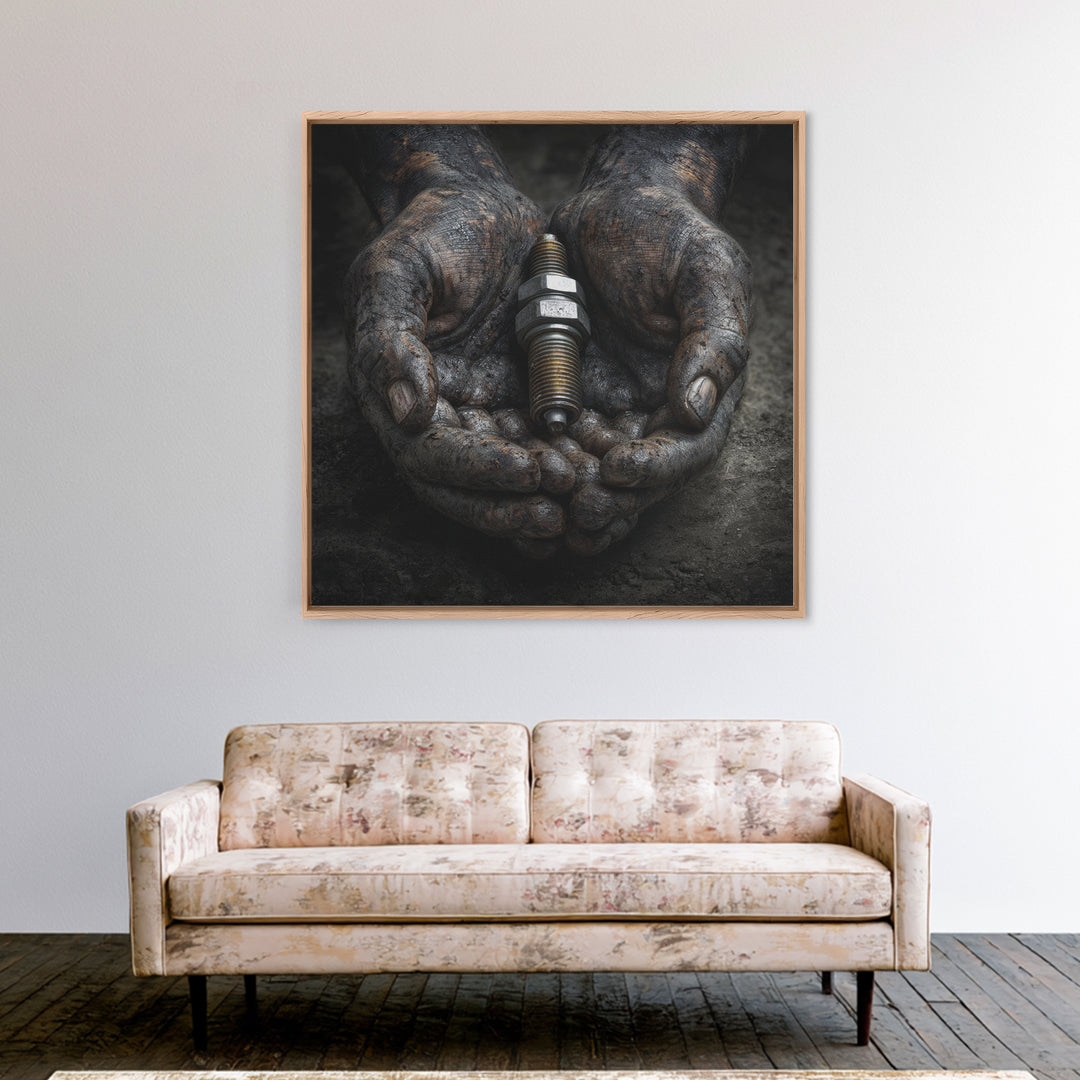 Mechanic Hands Holding a Spark Plug Framed Canvas Print, Garage Art, Gallery Decor, Garage Decor, Fine Art, Motor, GAR-1x1-78