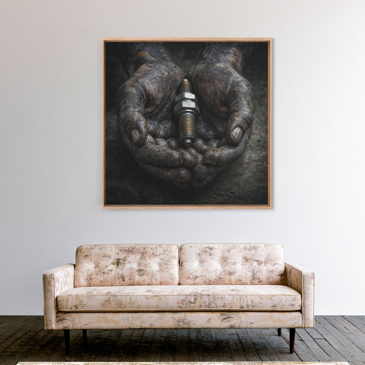 Mechanic Hands Holding a Spark Plug Framed Canvas Print, Garage Art, Gallery Decor, Garage Decor, Fine Art, Motor, GAR-1x1-78