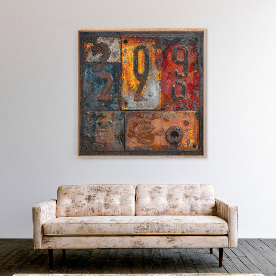Rusty License Plate Collage Framed Canvas Print, Garage Art, Modern Decor, Garage Decor, Fine Art, Motor, Home Decor, GAR-1x1-80