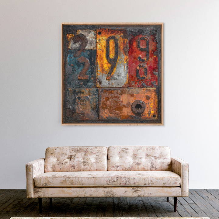 Rusty License Plate Collage Framed Canvas Print, Garage Art, Modern Decor, Garage Decor, Fine Art, Motor, Home Decor, GAR-1x1-80
