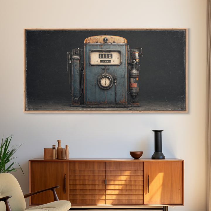Retro Gas Pump Illustration Framed Canvas Print, Garage Art, Home Decor, Garage Decor, Fine Art, Motor, Man Cave Decor, GAR-2x1-1