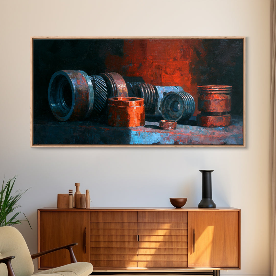 Camshaft and Gears Industrial Still Life Framed Canvas Print, Garage Art, Game Room Decor, Garage Decor, Fine Art, Motor, GAR-2x1-11