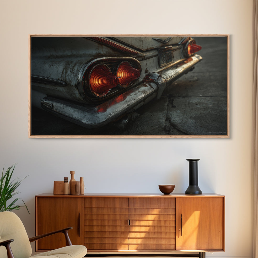 Classic Car Tail Lights Glowing at Dusk Framed Canvas Print, Garage Art, Art Print, Garage Decor, Motor, Canvas Wall Art, GAR-2x1-12