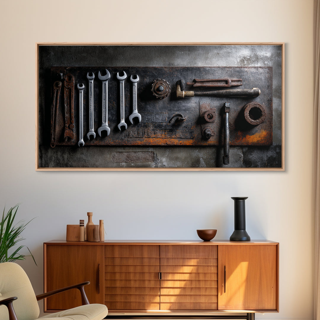 Garage Tool Silhouettes Arranged as Graphic Icons Framed Canvas Print, Garage Art, Art Print, Garage Decor, Fine Art, Motor, GAR-2x1-34