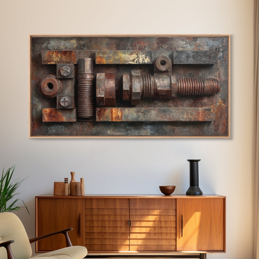 Steel and Rust Texture Abstract Panel Framed Canvas Print, Garage Art, Car Decor, Garage Decor, Motor, Game Room Decor, GAR-2x1-43