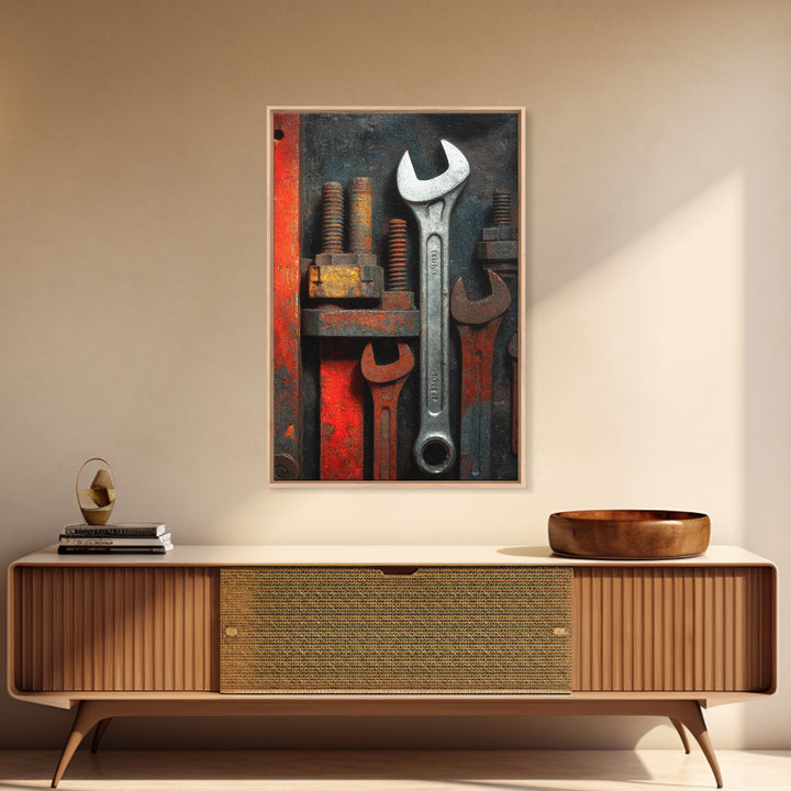 Wrench and Bolts Arranged Like Old Master Framed Canvas Print, Garage Art, Boho Decor, Garage Decor, Abstract Art, Motor, GAR-2x3-2