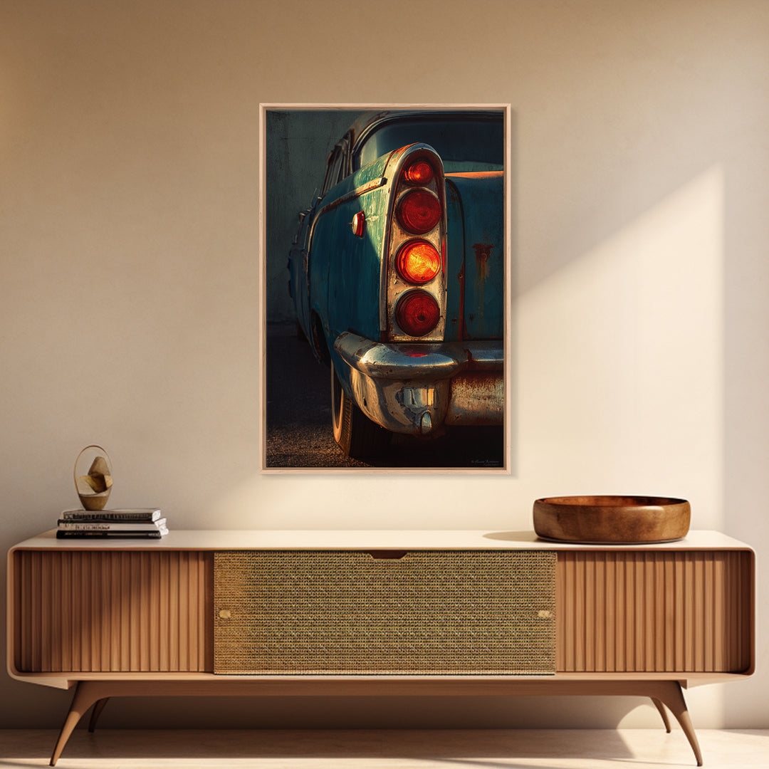 Classic Car Tail Lights Glowing at Dusk Framed Canvas Print, Garage Art, Automotive Decor, Garage Decor, Fine Art, Motor, GAR-2x3-24