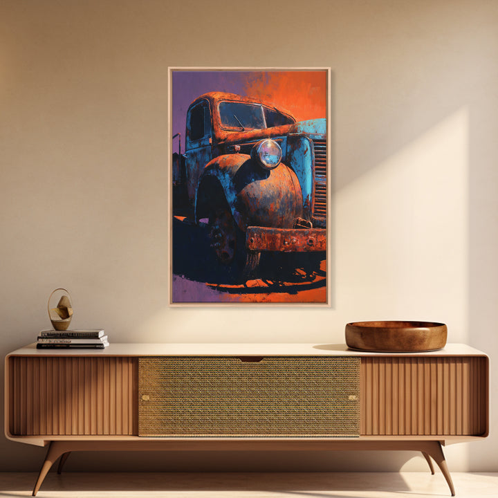 Pickup Truck in Dusty Sunset Light Framed Canvas Print, Garage Art, Metal Art, Garage Decor, Motor, Garage Art Poster Download, GAR-2x3-93