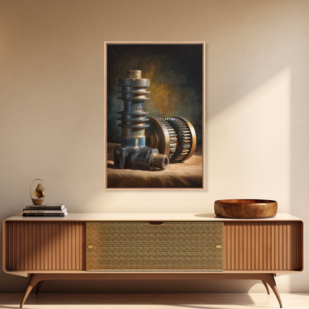 Camshaft and Gears Industrial Still Life Canvas Print, Garage Art, Garage, Garage Decor, Oil Painting, Motor, Tattoo Art, GAR-2x3-95