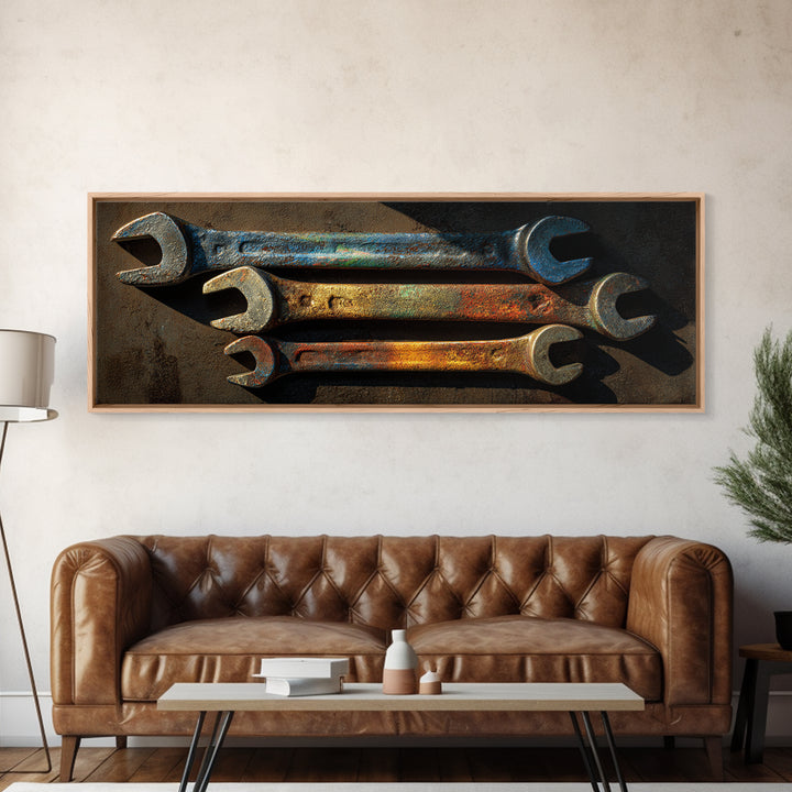 Wrench and Bolts Arranged Like Old Master Framed Canvas Print, Garage Art, Home Decor, Garage Decor, Fine Art, Motor, GAR-3x1-10