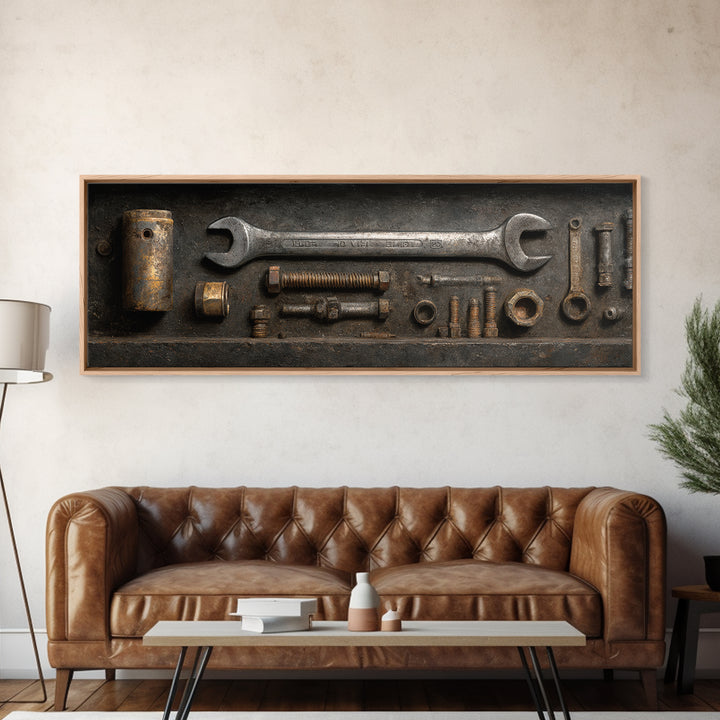 Wrench and Bolts Arranged Like Old Master Canvas Print, Garage Art, Canvas Wall Art, Garage Decor, Abstract Art, Motor, GAR-3x1-34