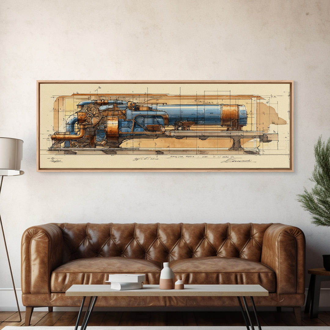 Engine Blueprint Technical Drawing Framed Canvas Print, Garage Art, Decor, Garage Decor, Fine Art, Motor, Car Wall Art, GAR-3x1-51