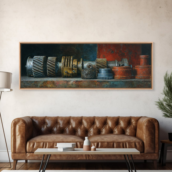Camshaft and Gears Industrial Still Life Framed Canvas Print, Garage Art, Contemporary Art, Garage Decor, Fine Art, Motor, GAR-3x1-55