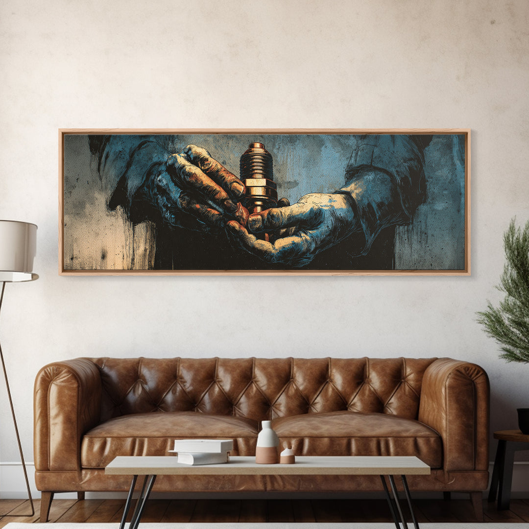 Mechanic Hands Holding a Spark Plug Canvas Print, Garage Art, Art Print, Garage Decor, Oil Painting, Motor, Canvas Wall Art, GAR-3x1-70