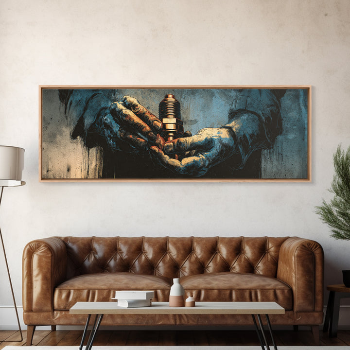 Mechanic Hands Holding a Spark Plug Canvas Print, Garage Art, Art Print, Garage Decor, Oil Painting, Motor, Canvas Wall Art, GAR-3x1-70