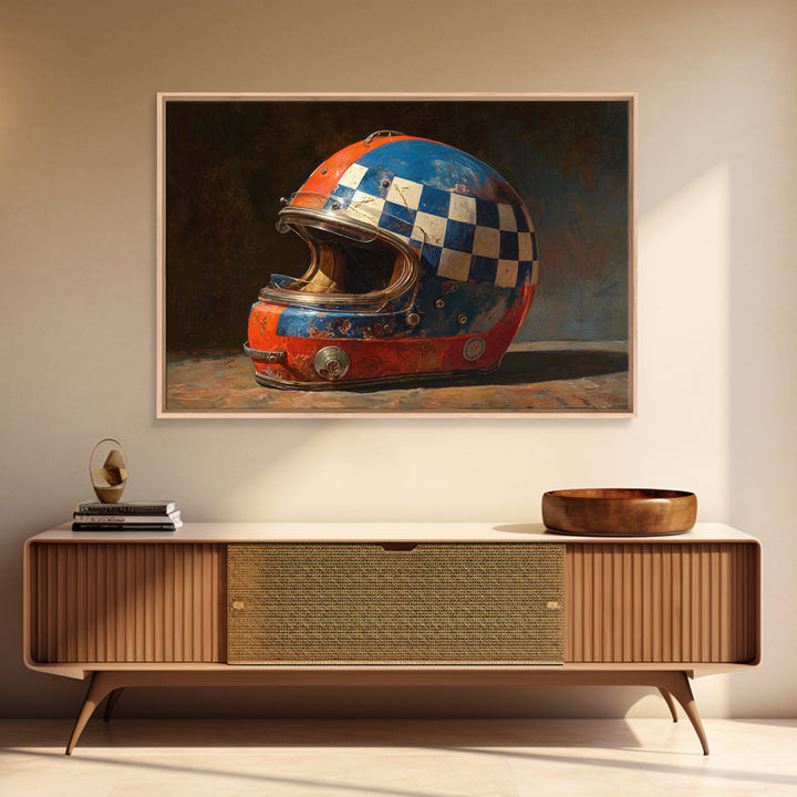 Racing Helmet with Checkered Flag Pattern Framed Canvas Print, Garage Art, Black and White Art, Garage Decor, Fine Art, Motor, GAR-3x2-24