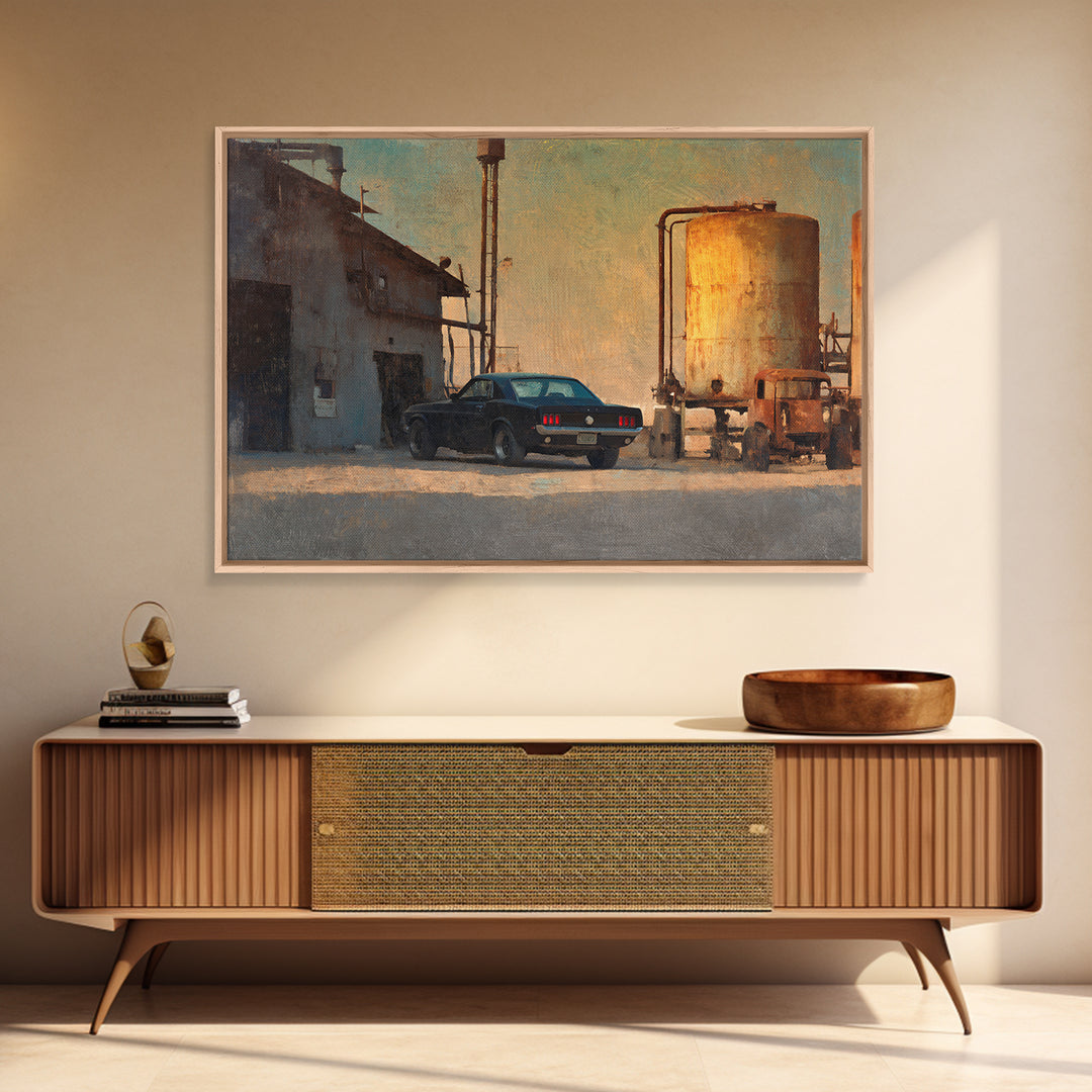 Desert Highway with Muscle Car Silhouette Framed Canvas Print, Garage Art, Game Room Decor, Garage Decor, Fine Art, Motor, GAR-3x2-25