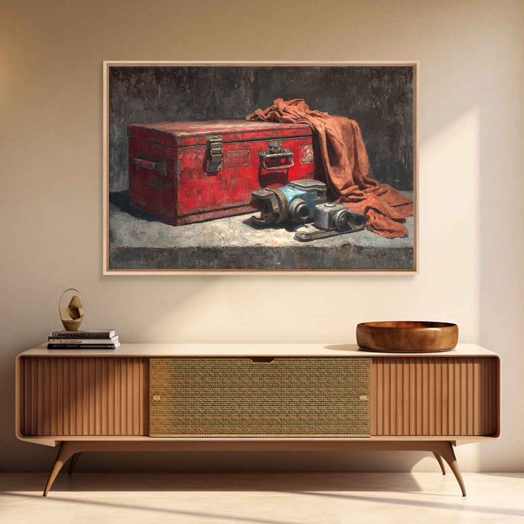 Old Toolbox with Oil Stained Rag Still Framed Canvas Print, Garage Art, Automotive Decor, Garage Decor, Fine Art, Motor, GAR-3x2-31