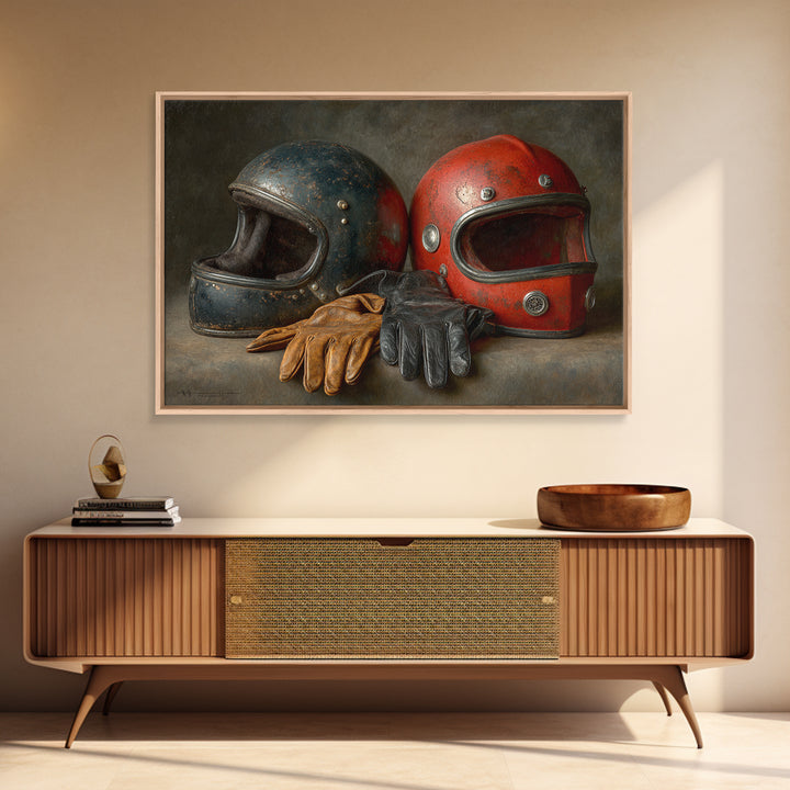 Motorcycle Helmet and Leather Gloves Still Life Canvas Print, Garage Art, Game Room Art, Garage Decor, Oil Painting, Motor, GAR-3x2-37