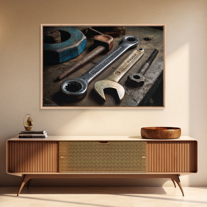 Wrench and Bolts Arranged Like Old Master Framed Canvas Print, Garage Art, Car Art, Garage Decor, Motor, Garage Art Poster, GAR-3x2-70