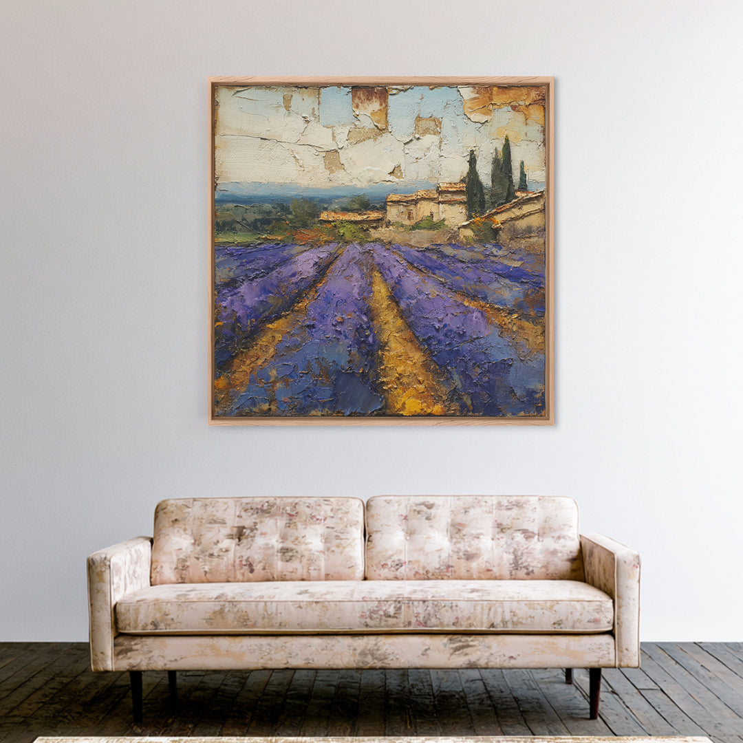 Lavender Field under Pale Sky Framed Canvas Print, Guest Bedroom Art, Bedroom Wall Art, Bedroom Decor, Oil Painting, Guest, GBA-1x1-43