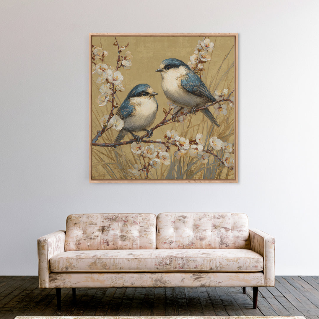 Small Bird Pair on Flowering Branch Framed Canvas Print, Guest Bedroom Art, Living Room Wall Art, Bedroom Decor, Watercolor Art, GBA-1x1-52