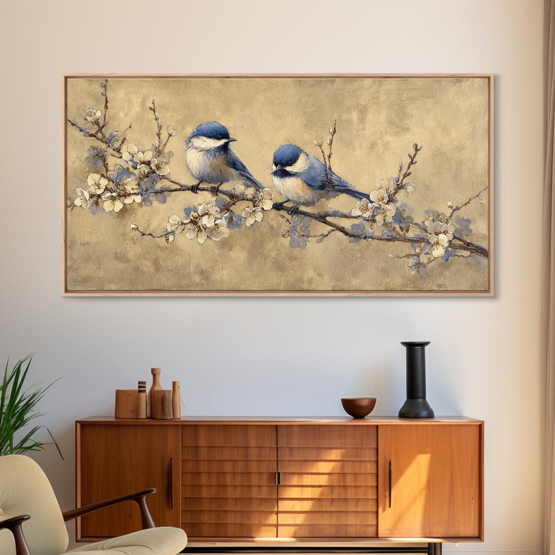 Small Bird Pair on Flowering Branch Framed Canvas Print, Guest Bedroom Art, Bedroom Decor, Oil Painting, Guest, GBA-2x1-24