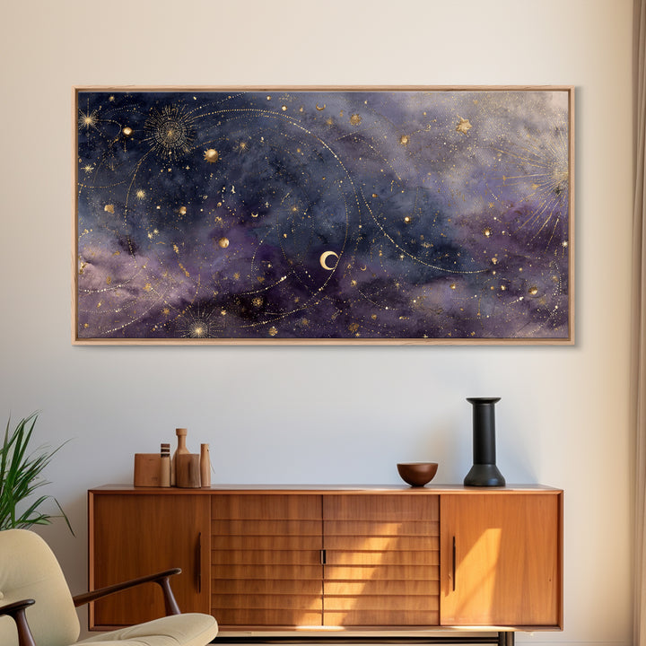 Minimal Moon and Stars Composition Framed Canvas Print, Guest Bedroom Art, Print, Bedroom Decor, Oil Painting, Guest, GBA-2x1-60