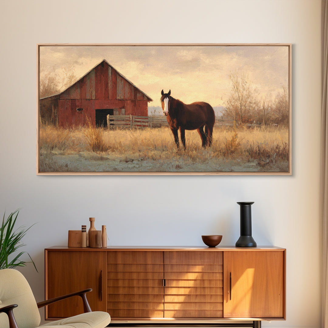 Quiet Horse Pasture at Sunset Framed Canvas Print, Guest Bedroom Art, Prints, Bedroom Decor, Abstract Art, Guest 165, GBA-2x1-65