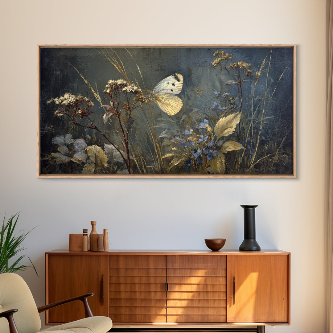 Garden Butterfly and Flowers Specimen Study Framed Canvas Print, Guest Bedroom Art, Farmhouse Wall Art, Bedroom Decor, Guest, GBA-2x1-67